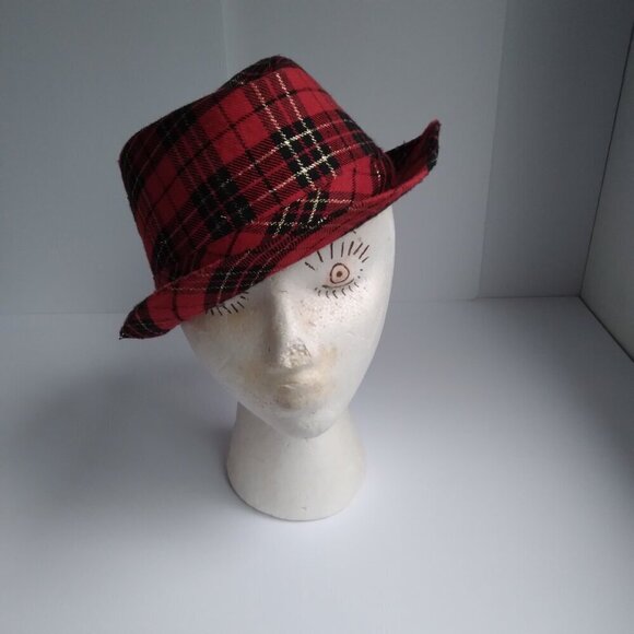 Red & Black Woven with Gold Thread Tartan Corduroy Porkpie Hat ~ Super Cute!! - Picture 8 of 9